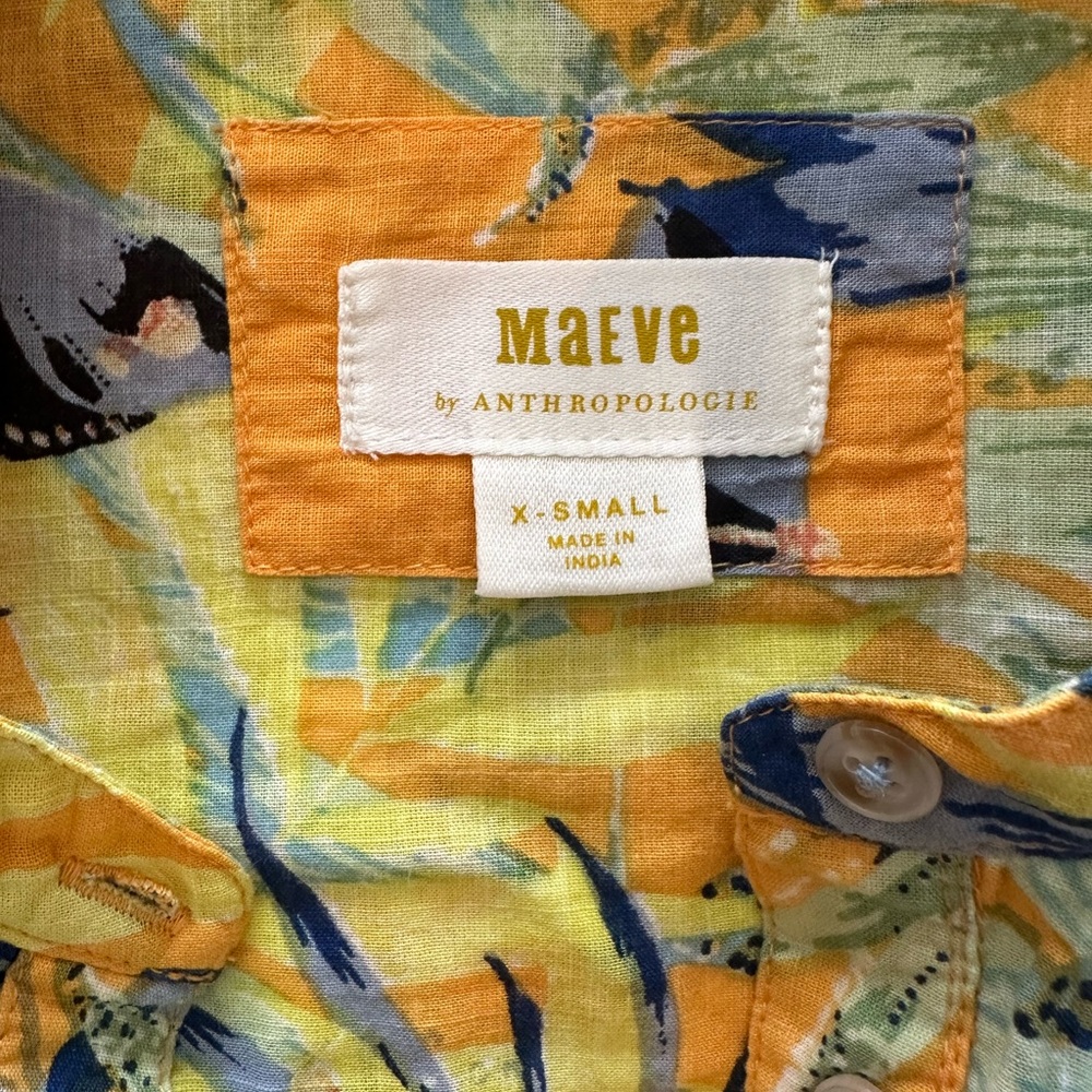 Maeve Size XS yellow tropical print cotton blouse. Front and cuff buttons - Picture 11 of 13